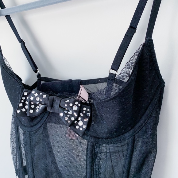 Victoria's Secret Black Mesh Bustier with Rhinestone Bow - Picture 2 of 6